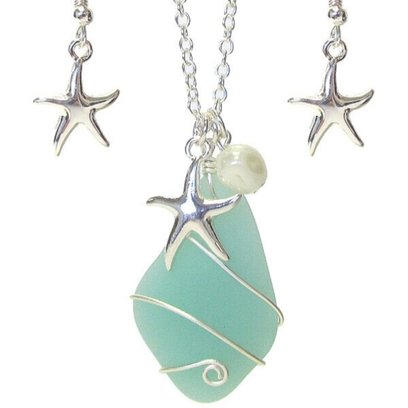 Jewelry - Starfish Sea Glass Pearl Wire Wrap 18″ Pendant Nec